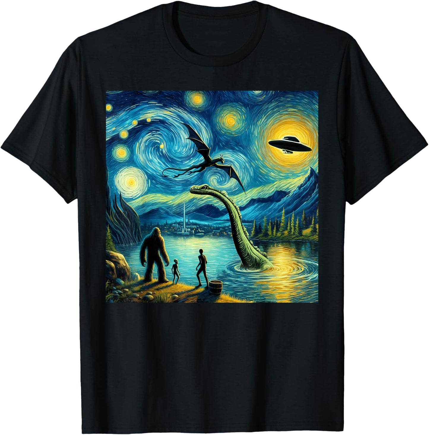 bigfoot starry night loch Ness alien UFO dragon cute lake T-Shirt - T-Shirt | Black