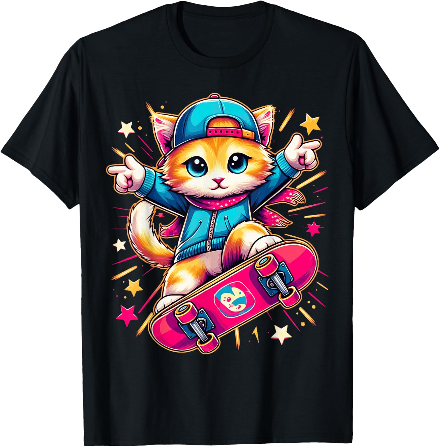 Skate Kitten Cute Adorable Cat Skating Fun Skateboard Tricks T-Shirt - T-Shirt | Black