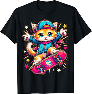 Skate Kitten Cute Adorable Cat Skating Fun Skateboard Tricks T-Shirt - T-Shirt | Black