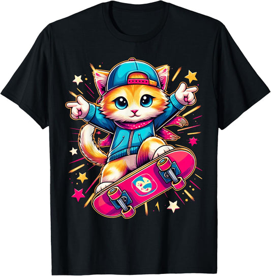 Skate Kitten Cute Adorable Cat Skating Fun Skateboard Tricks T-Shirt - T-Shirt | Black