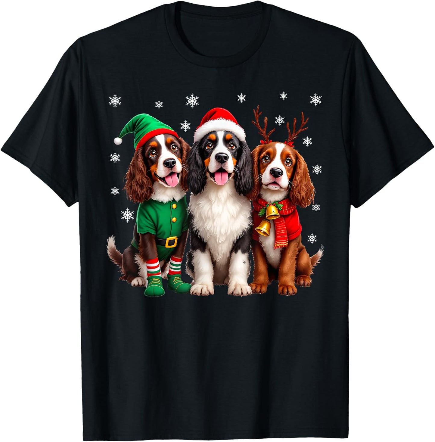 English Springer Spaniel Christmas Dogs Santa Reindeer Elf T-Shirt - T-Shirt | Black