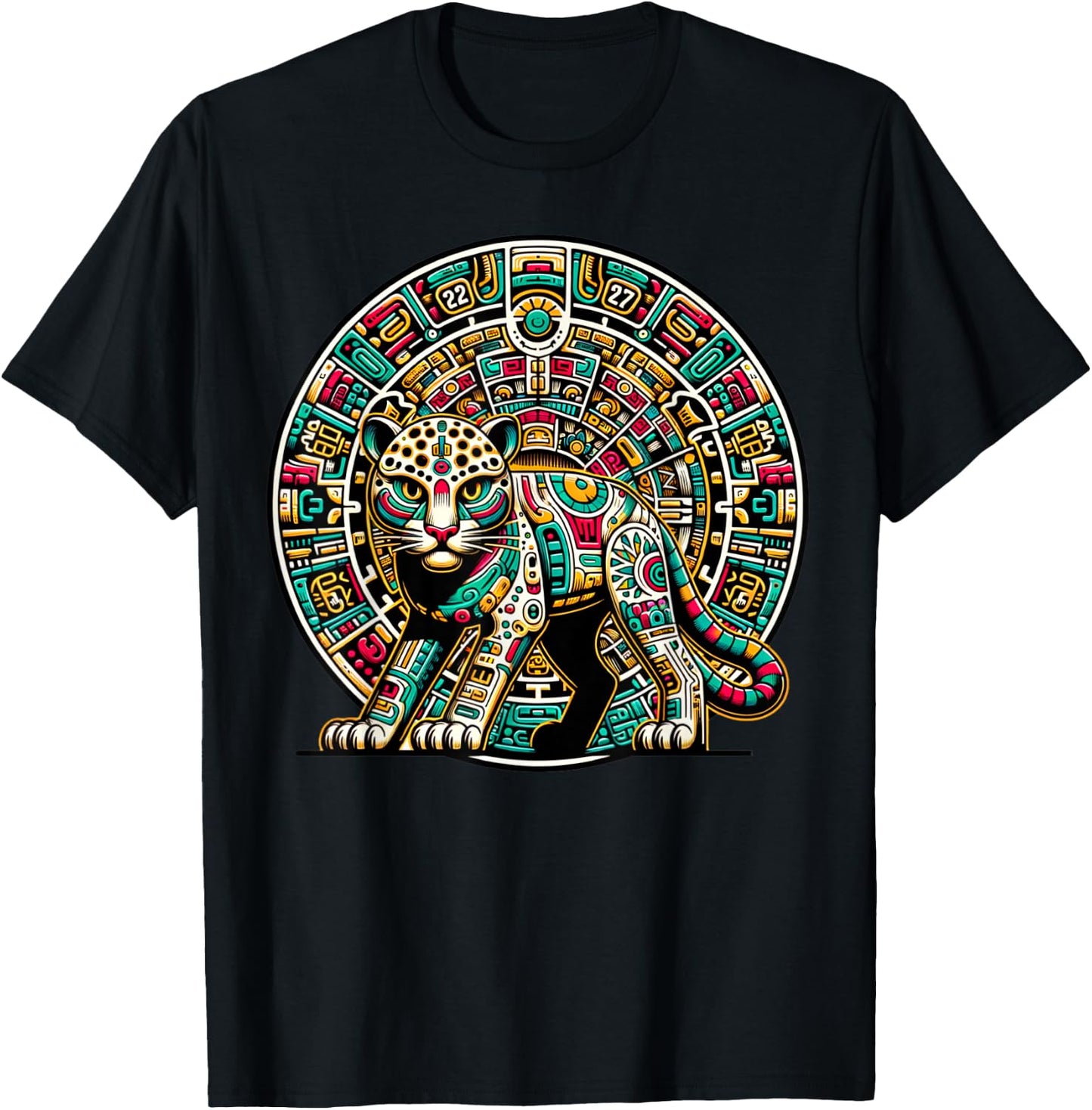 Aztec God Tezcatlipoca And Leopard With The Mayan Calendar T-Shirt - T-Shirt | Black