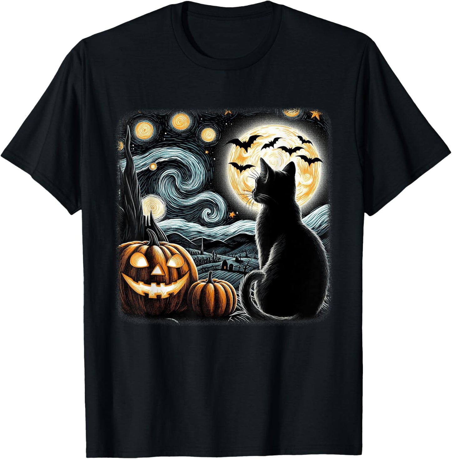 Black Cat Halloween Cat Lover Starry Night Cat Van Gogh Cat Women Kids T-Shirt - T-Shirt | Black