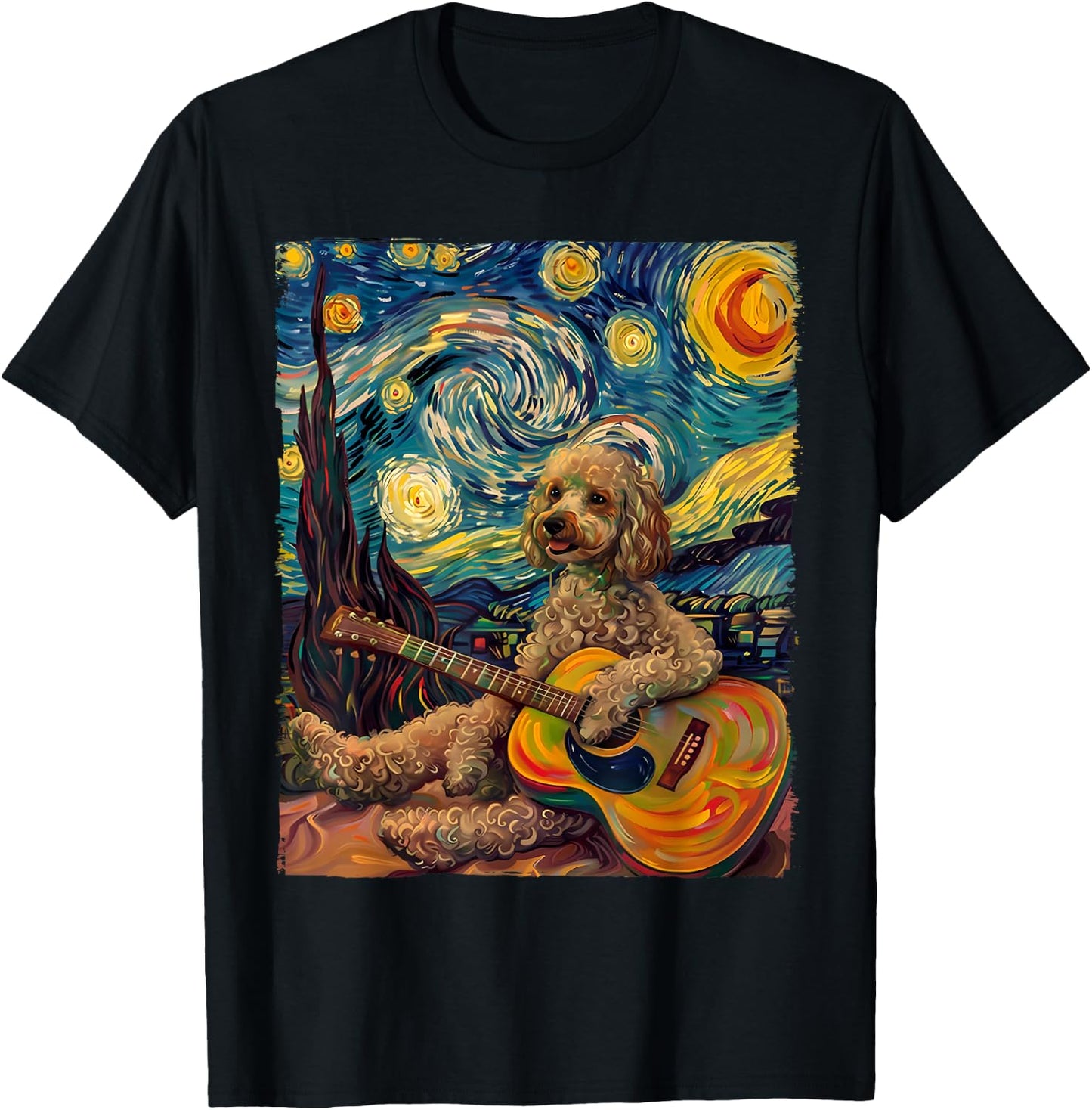 Starry Night POODLE Dog Playing The Guitar, Dog Painting Fun T-Shirt - T-Shirt | Black