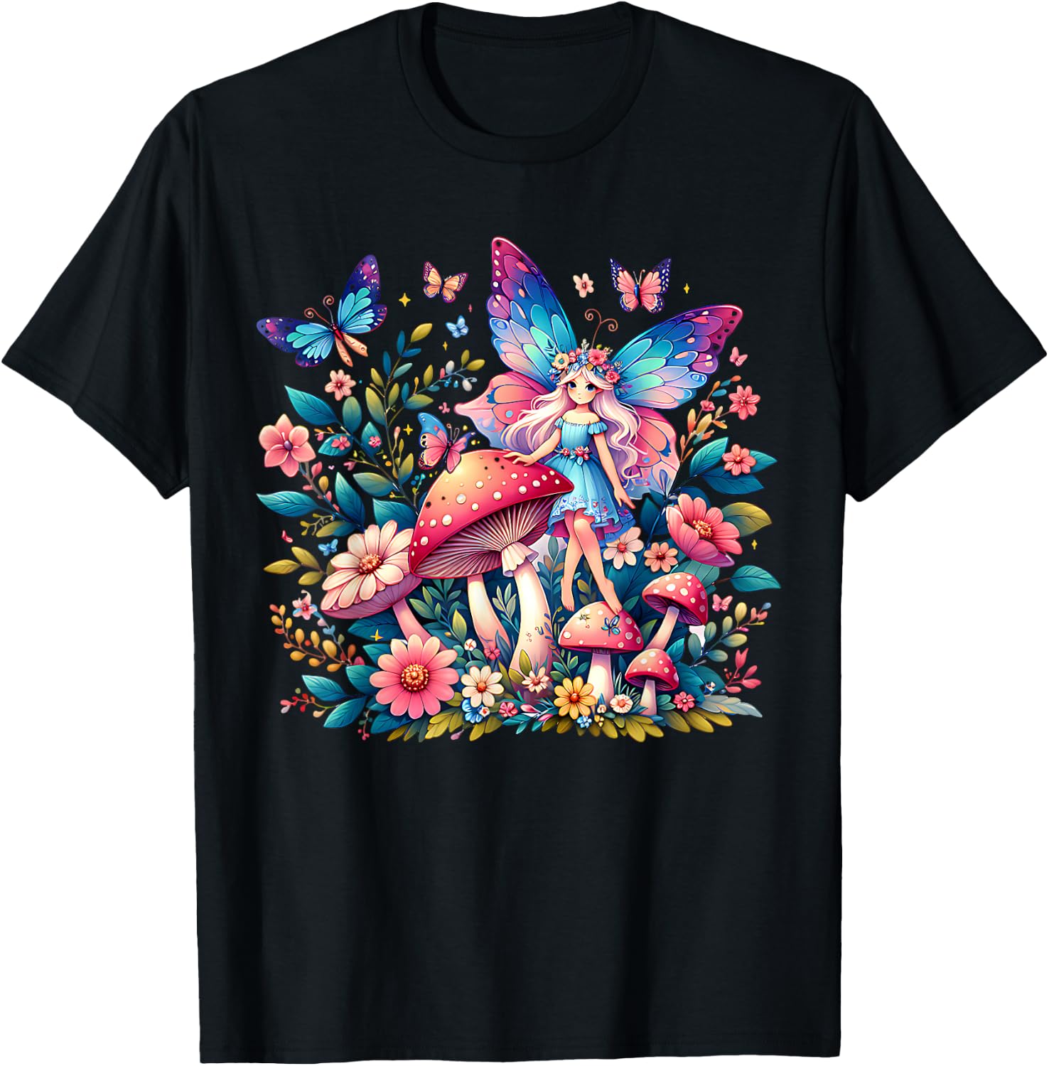 Enchanted Forest Fairy Fantasy Mystical Floral & Butterfly T-Shirt - T-Shirt | Black