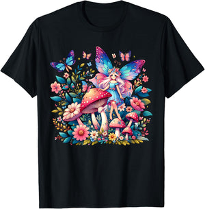 Enchanted Forest Fairy Fantasy Mystical Floral & Butterfly T-Shirt - T-Shirt | Black