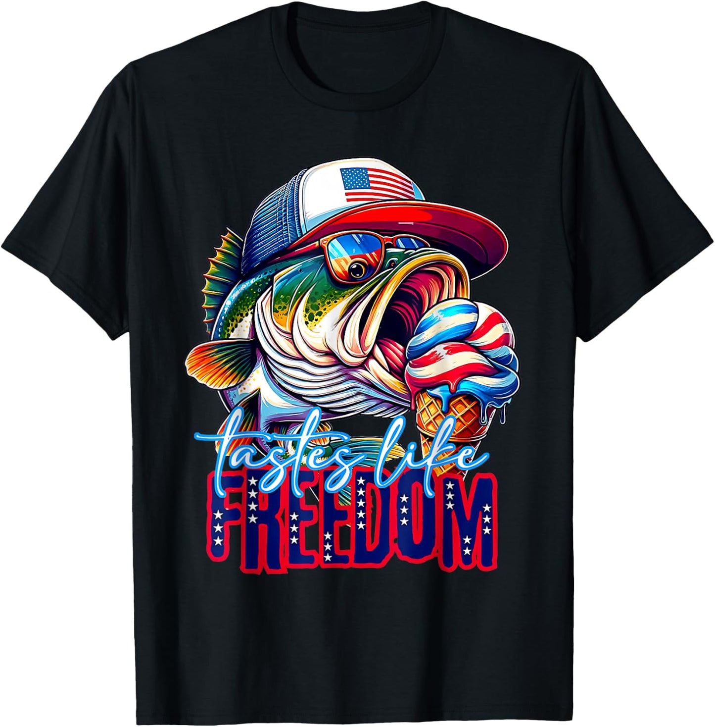 Tastes Like Freedom 4th of July Ice Cream Bass Fishing T-Shirt - T-Shirt | Black