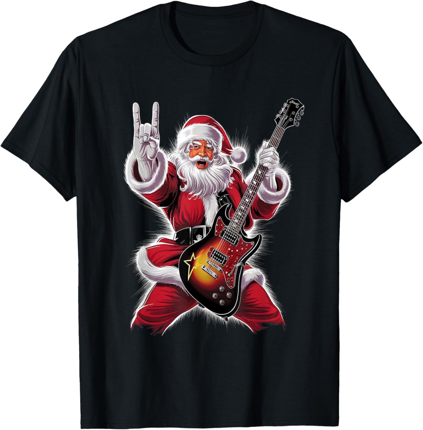 Rock & Roll Christmas Santa Claus Guitar Player T-Shirt - T-Shirt | Black