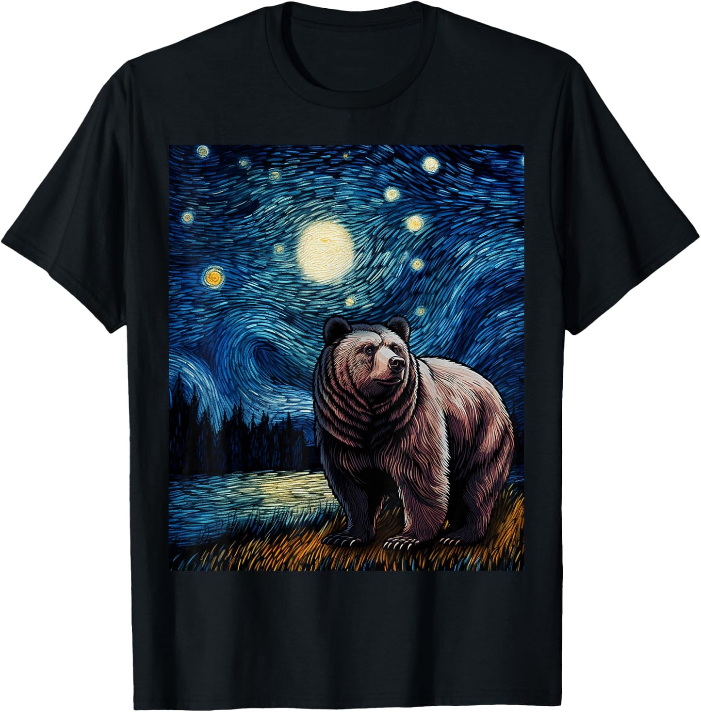 Graphic Grizzly Bear Van Gogh Starry Night Grizzlies Animal T-Shirt - T-Shirt | Black