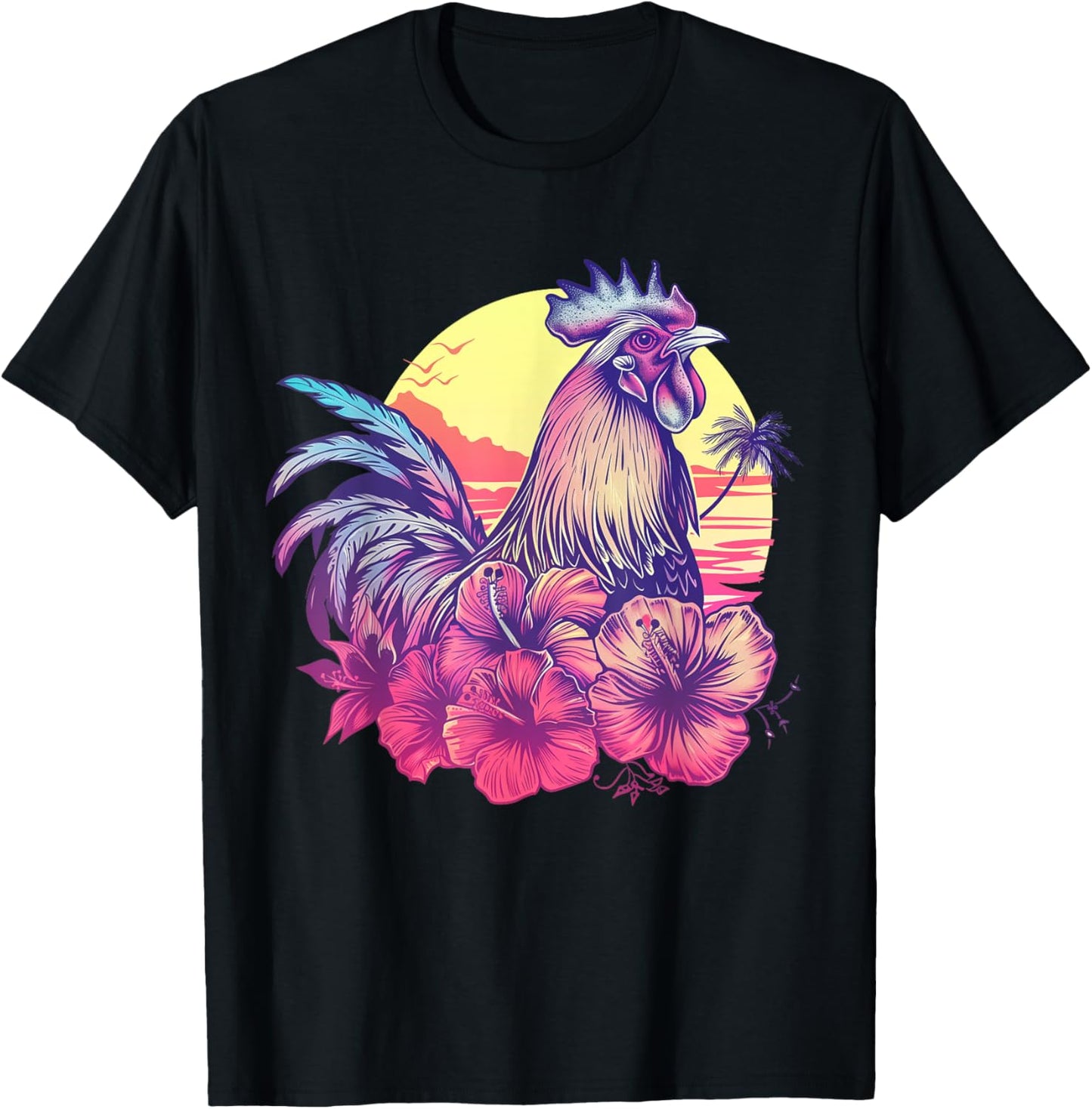 Chicken Hawaiian Flowers Rooster Kauai Hawaii Vintage T-Shirt - T-Shirt | Black