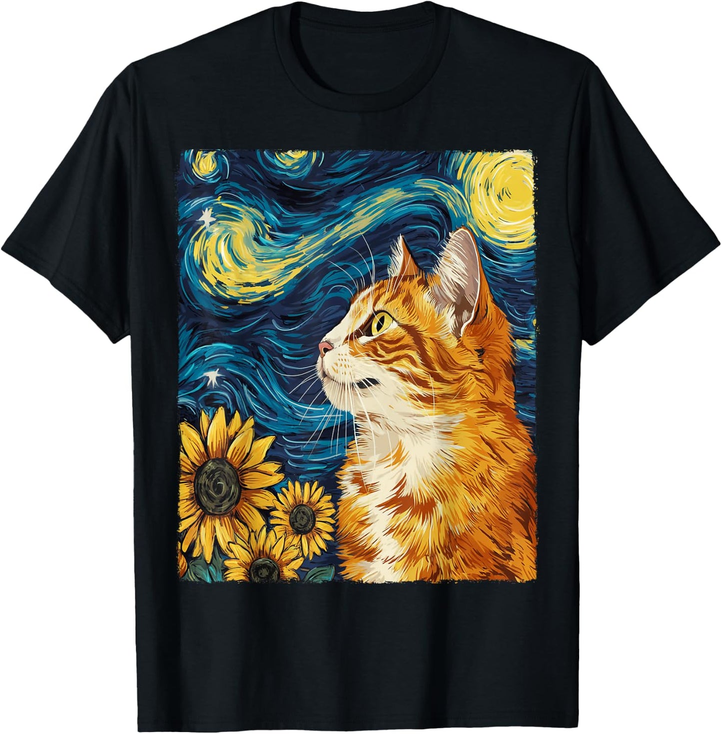 Cat Starry Night Apparel Gifts Graphic Cat Mom Cat Dad -Adults -Kids Black Small Round Collar Sunflower Graphic Modern T-Shirt - T-Shirt | Black
