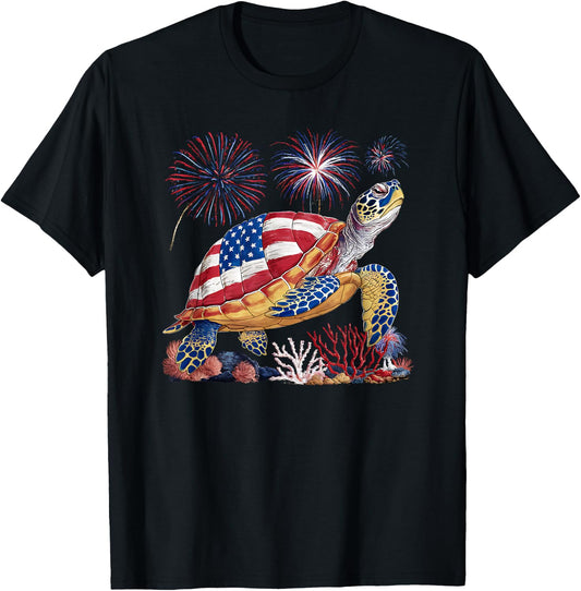 Sea Turtle 4th of July American USA Flag Patriotic T-Shirt - T-Shirt | Black