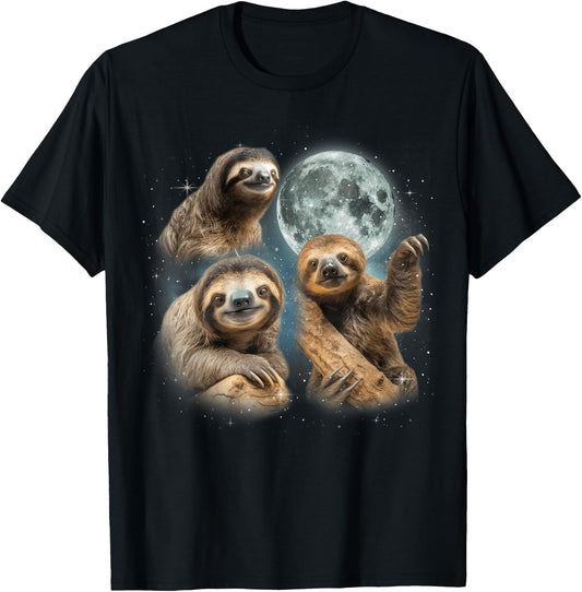 Sloth Shirt | 3 Sloth Howling At Moon Funny Weird Cursed T-Shirt - T-Shirt | Black