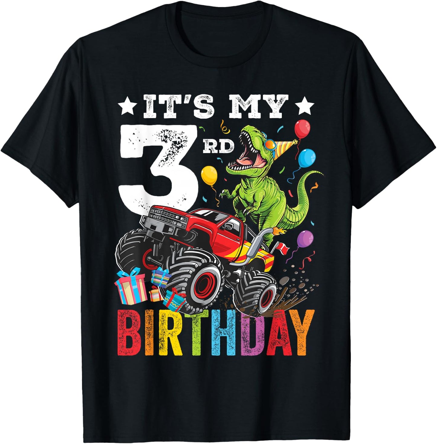 Three 3rd Birthday Dinosaur Monster Truck T-Shirt - T-Shirt | Black