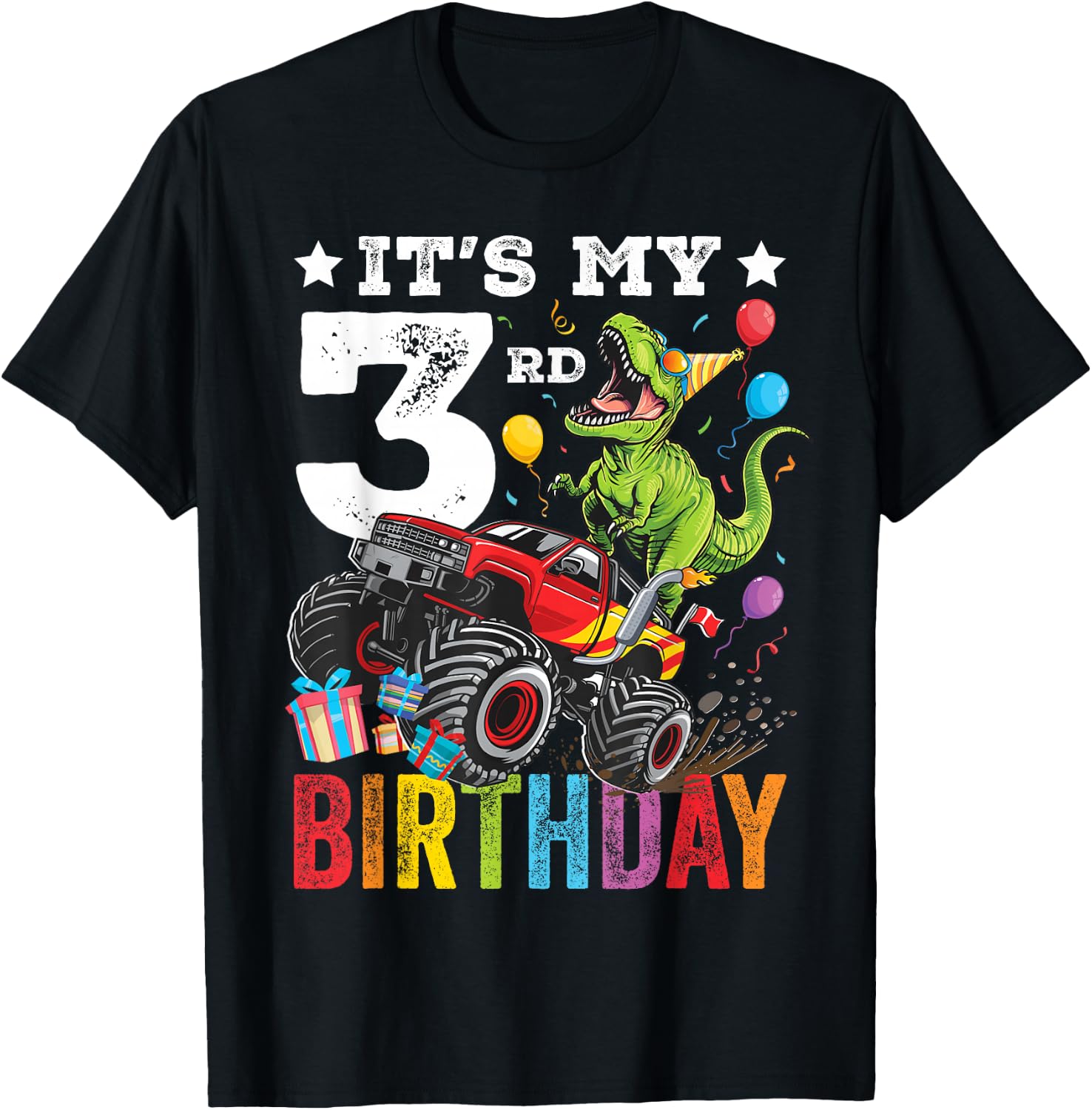 Three 3rd Birthday Dinosaur Monster Truck T-Shirt - T-Shirt | Black
