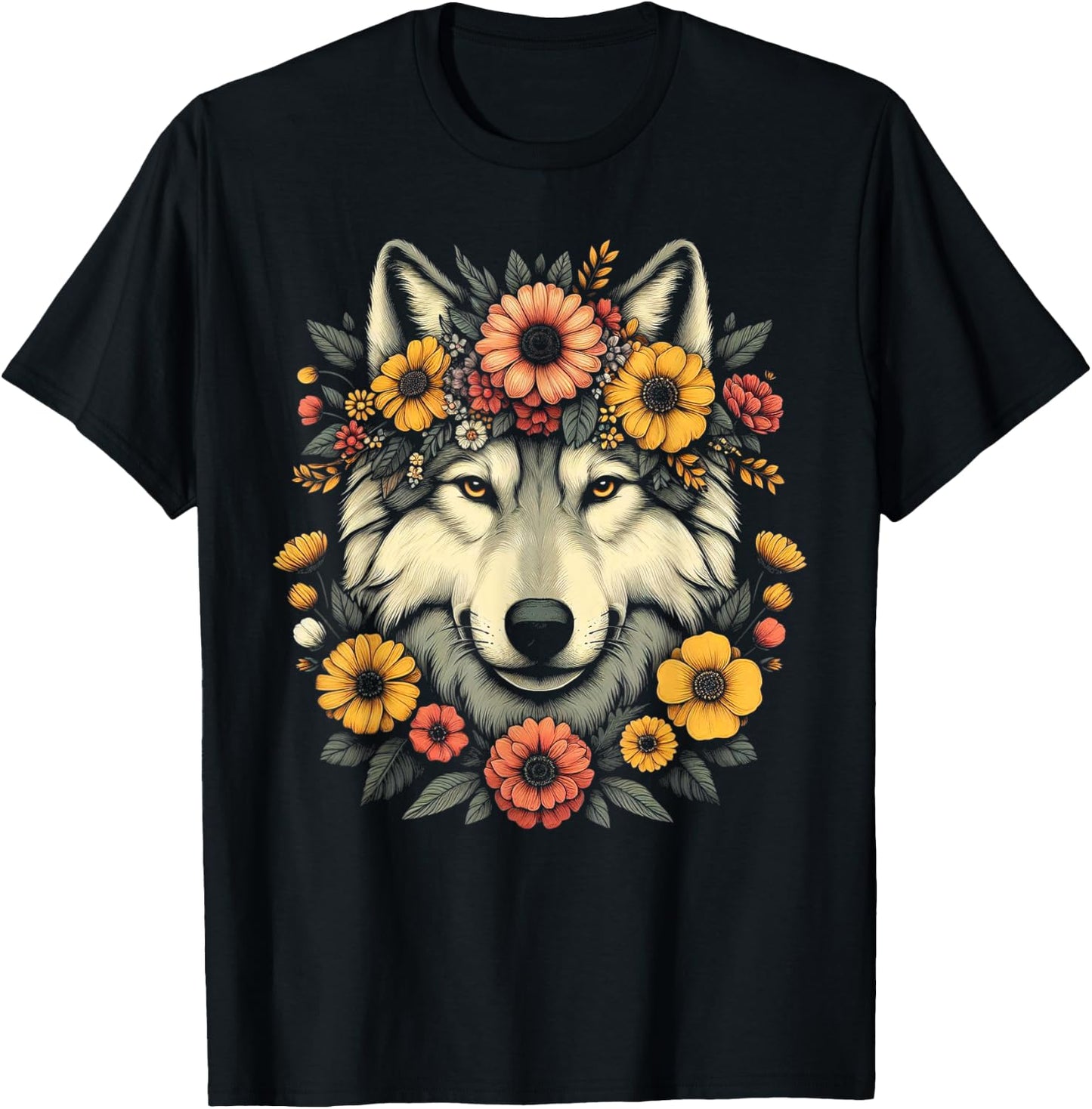 Wolf Flower Crown Floral T-Shirt - T-Shirt | Black
