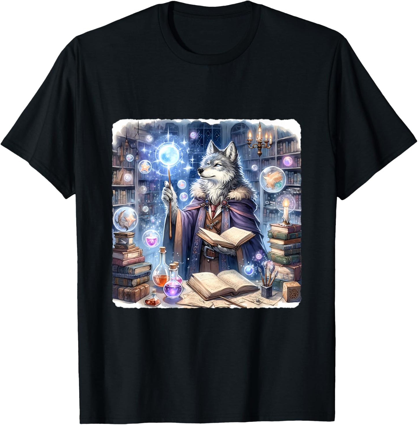 Wolf Wizard Casting Spells With Luminous Wand. Books Potions T-Shirt - T-Shirt | Black