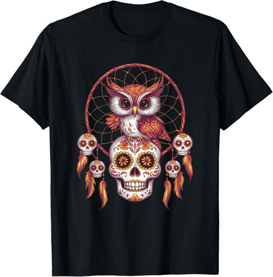Sugar Skull Owl Day of Dead Halloween Dia De Muertos T-Shirt - T-Shirt | Black