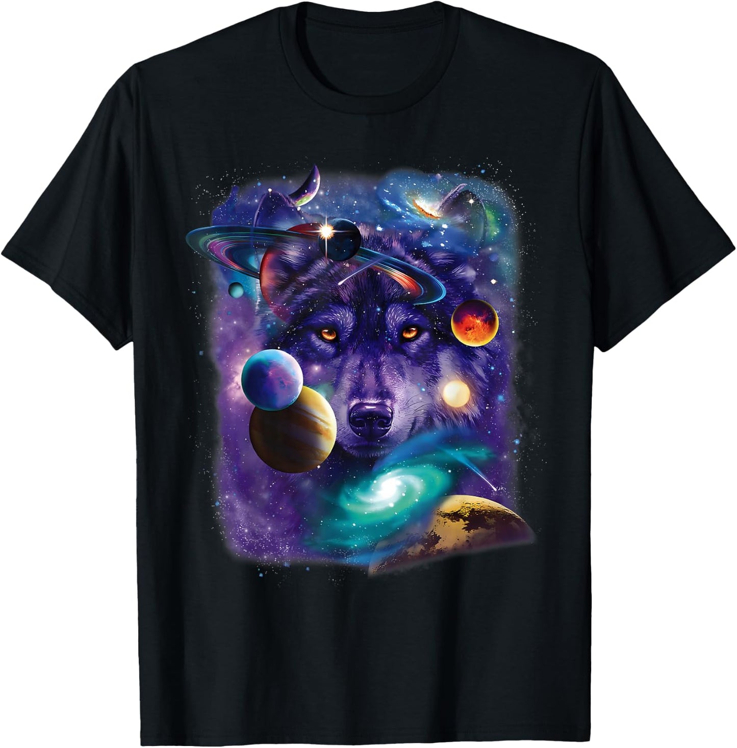 Wolf Space Galaxy Stars Moon Wolves Space Astrology Mountain T-Shirt - T-Shirt | Black