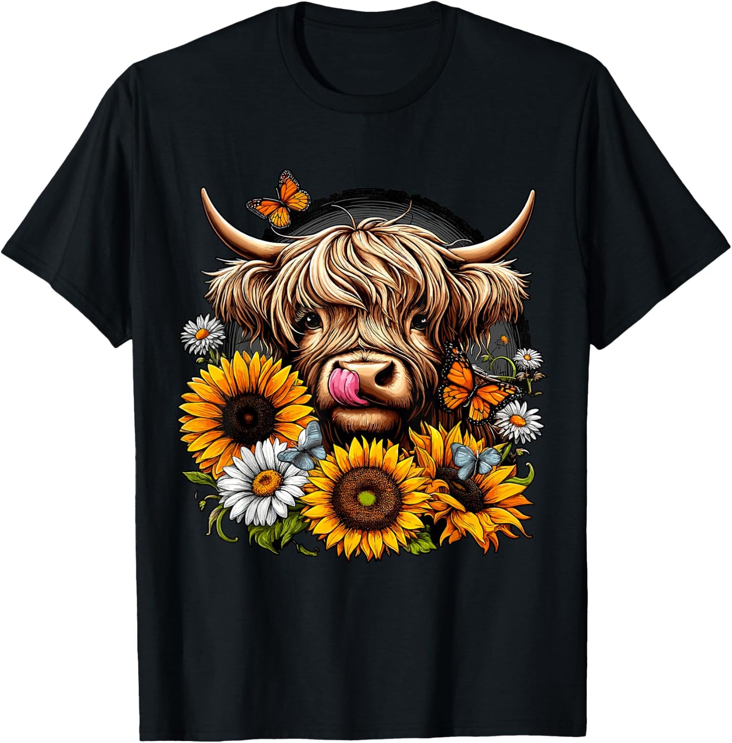 Highland Cow with Sunflowers and Butterflies T-Shirt - T-Shirt | Black