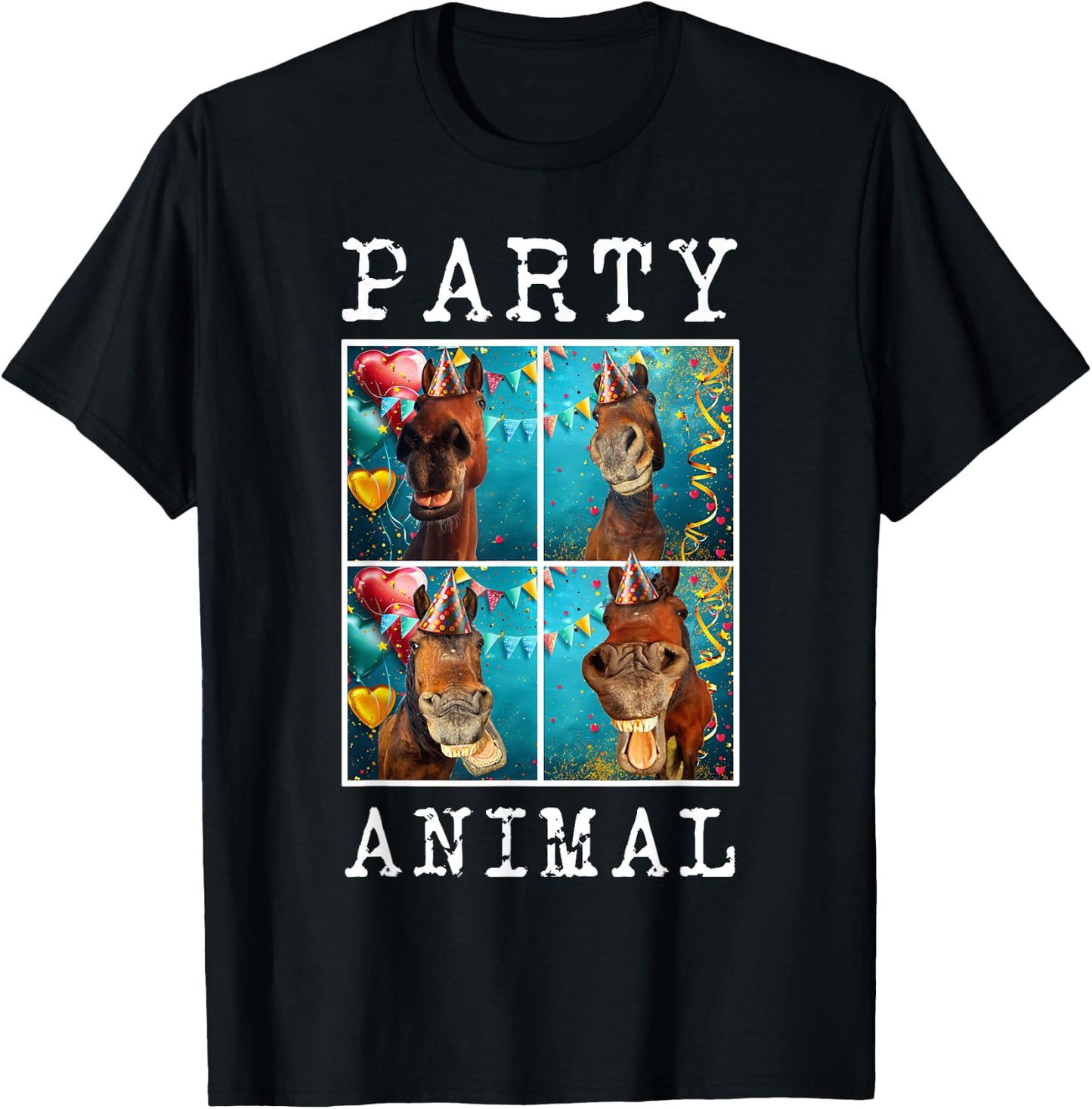 Horses Face Colorful Farm Animal Party Hat Horse Farming T-Shirt - T-Shirt | Black