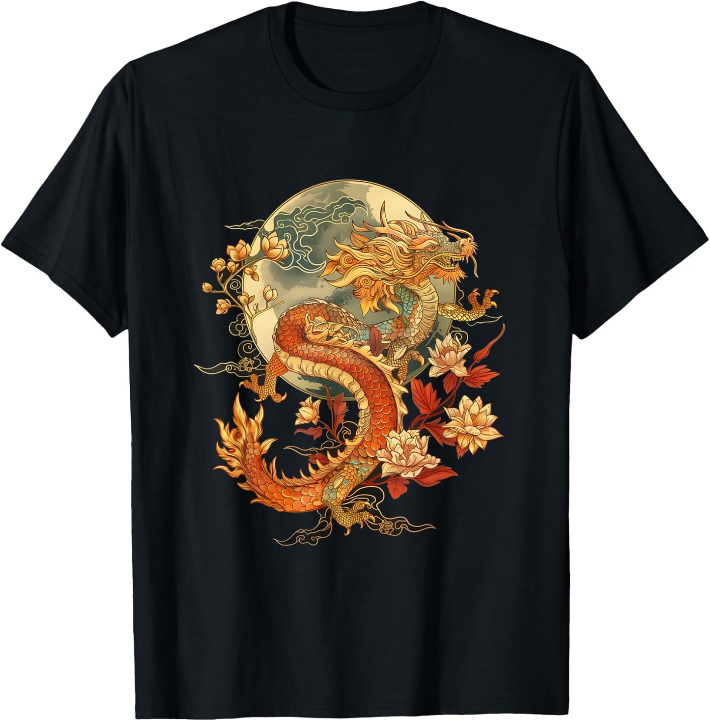 Crimson Lunar Floral Dragon Art Noveau T-Shirt - T-Shirt | Black