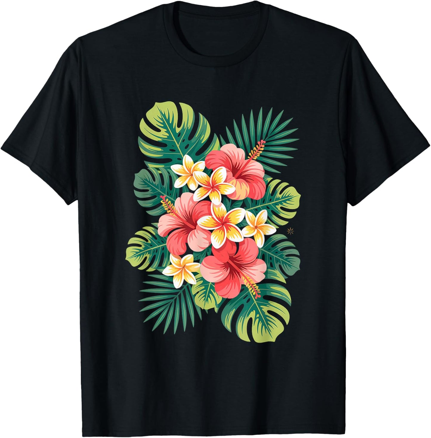 Tropical Flower Cluster Hibiscus and Plumeria Summer Design T-Shirt - T-Shirt | Black