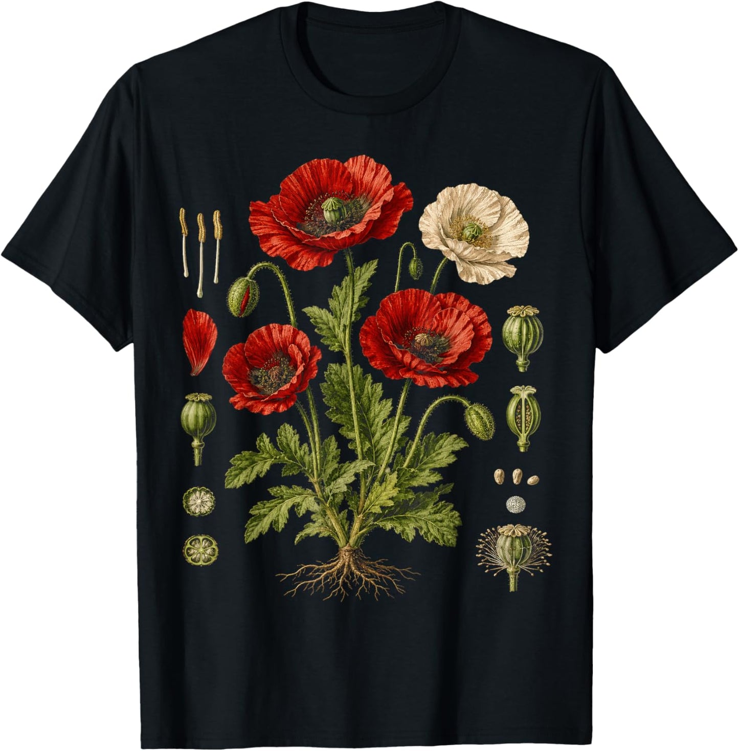Vintage Red Poppy Botanical Chart T-Shirt - T-Shirt | Black