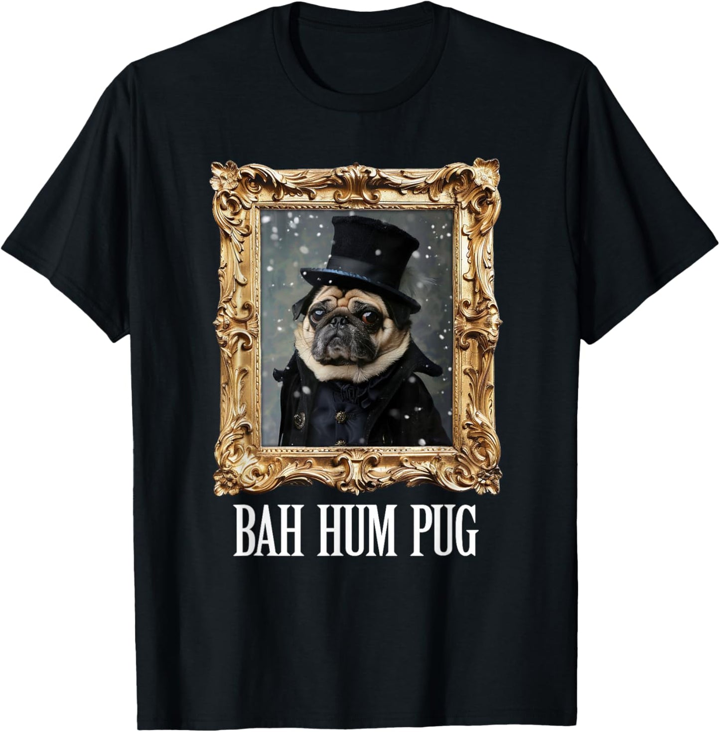 Funny Dog Bah Hum Pug Christmas Pet Holiday Photo Old Frame Men Women Kids T-Shirt - T-Shirt | Black