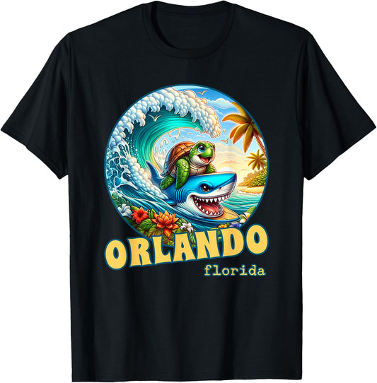 Orlando Florida Surfing Sea Turtle and Shark T-Shirt - T-Shirt | Black