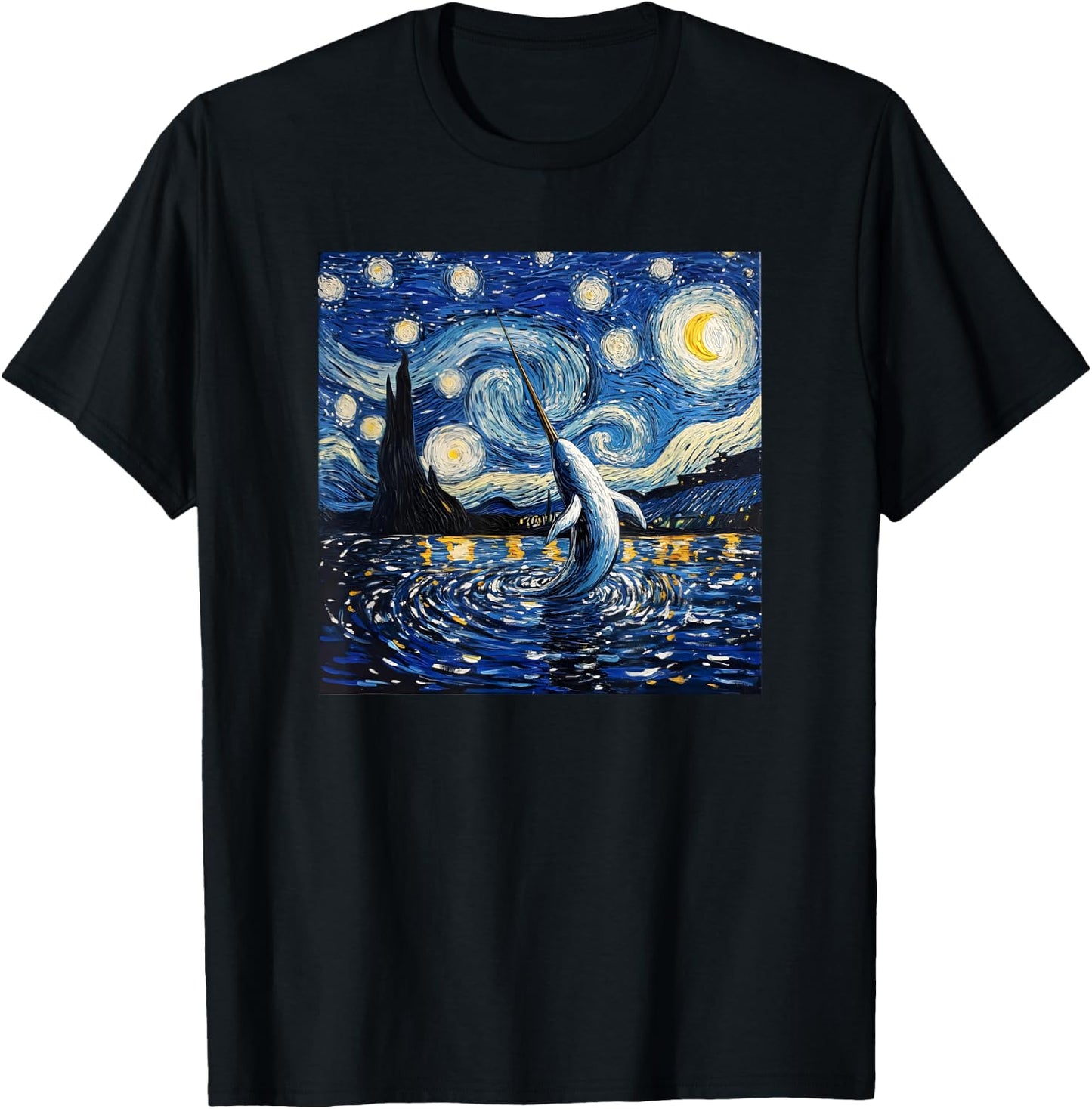 Cute Van Gogh Narwhal Starry Night Funny Women & Men T-Shirt - T-Shirt | Black