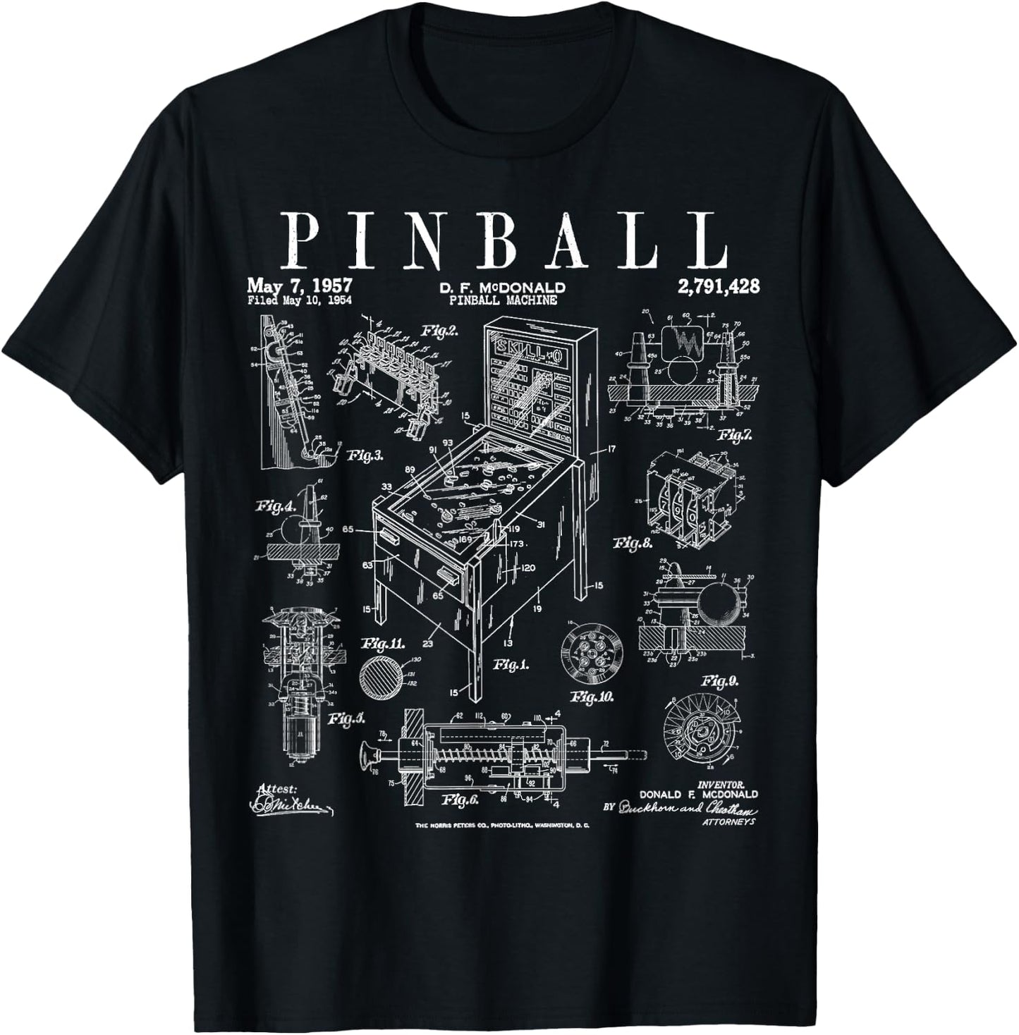 Pinball Arcade Gaming Machine Vintage Gamer Patent Print T-Shirt - T-Shirt | Black