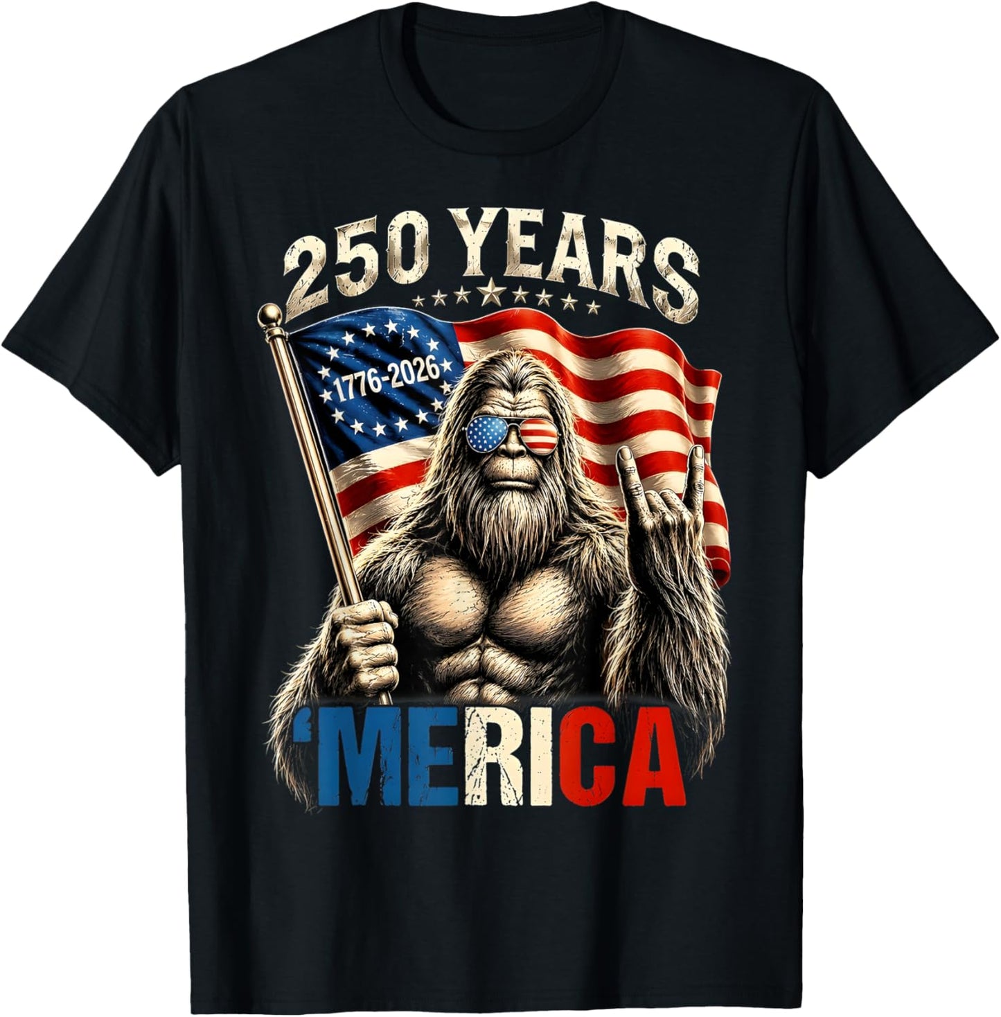 Bigfoot Patriotic 250 Years of Freedom American USA Flag T-Shirt - T-Shirt | Black