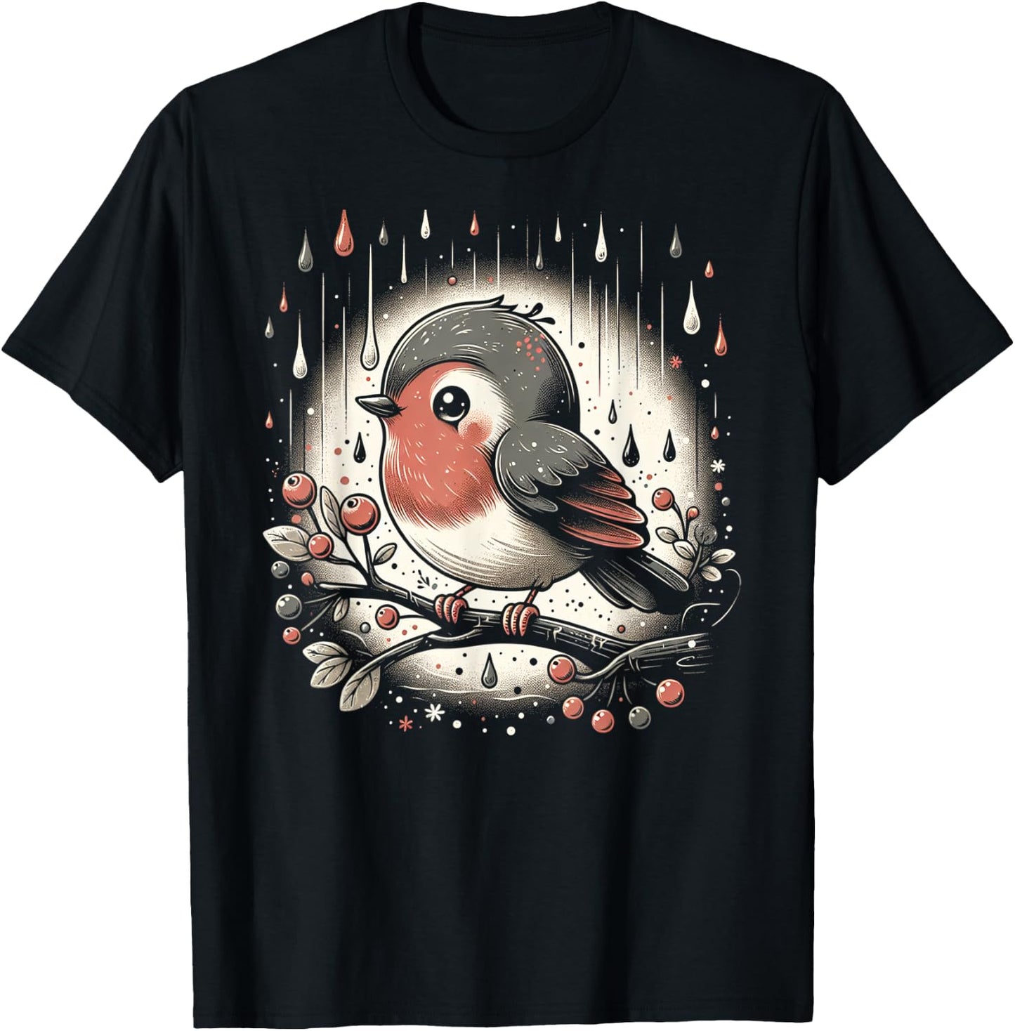 Whimsical Robin in Rain T-Shirt - T-Shirt | Black