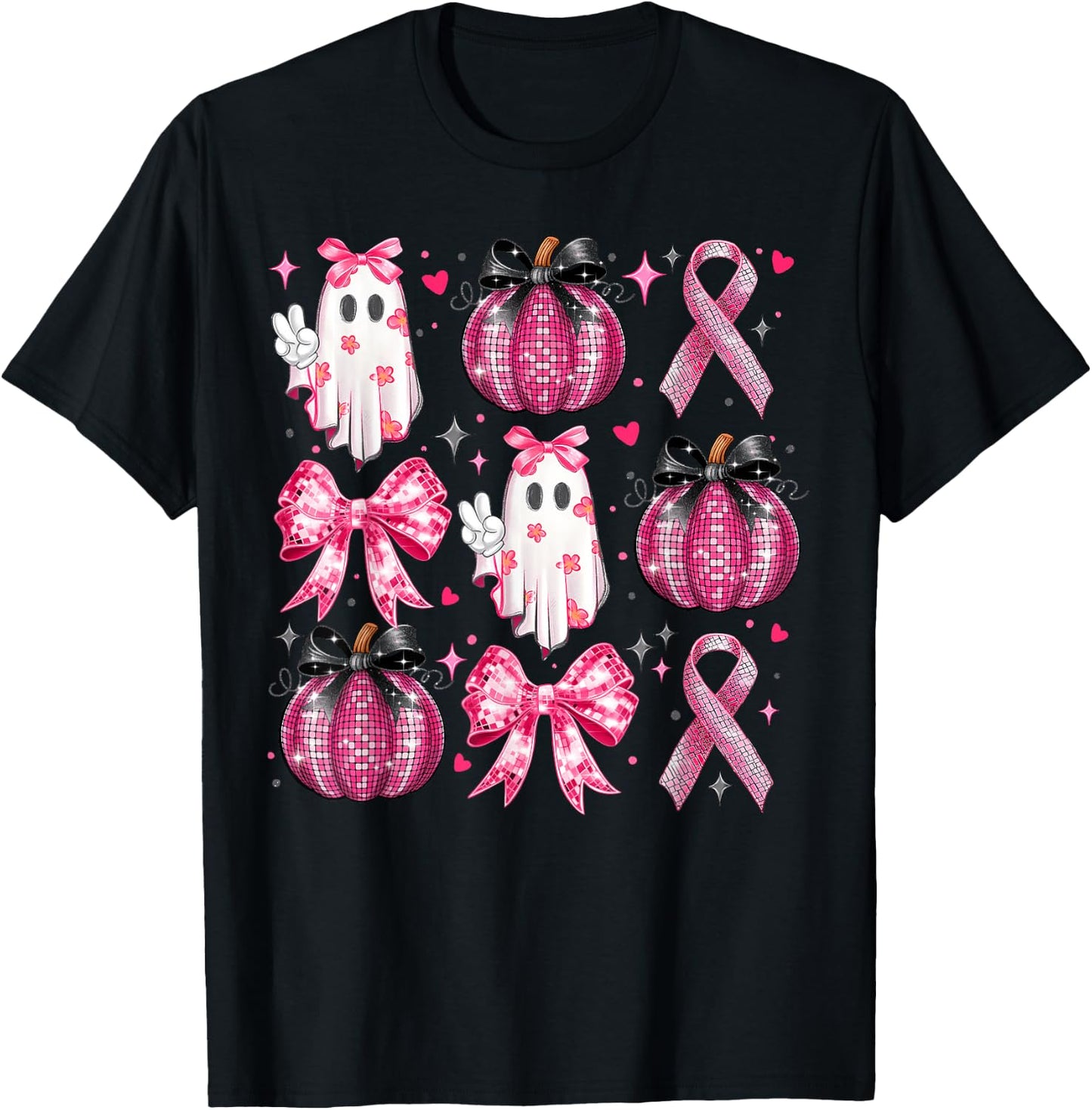 Halloween Pumpkin Pink Ribbon Disco Ghost Bow Breast Cancer T-Shirt - T-Shirt | Black