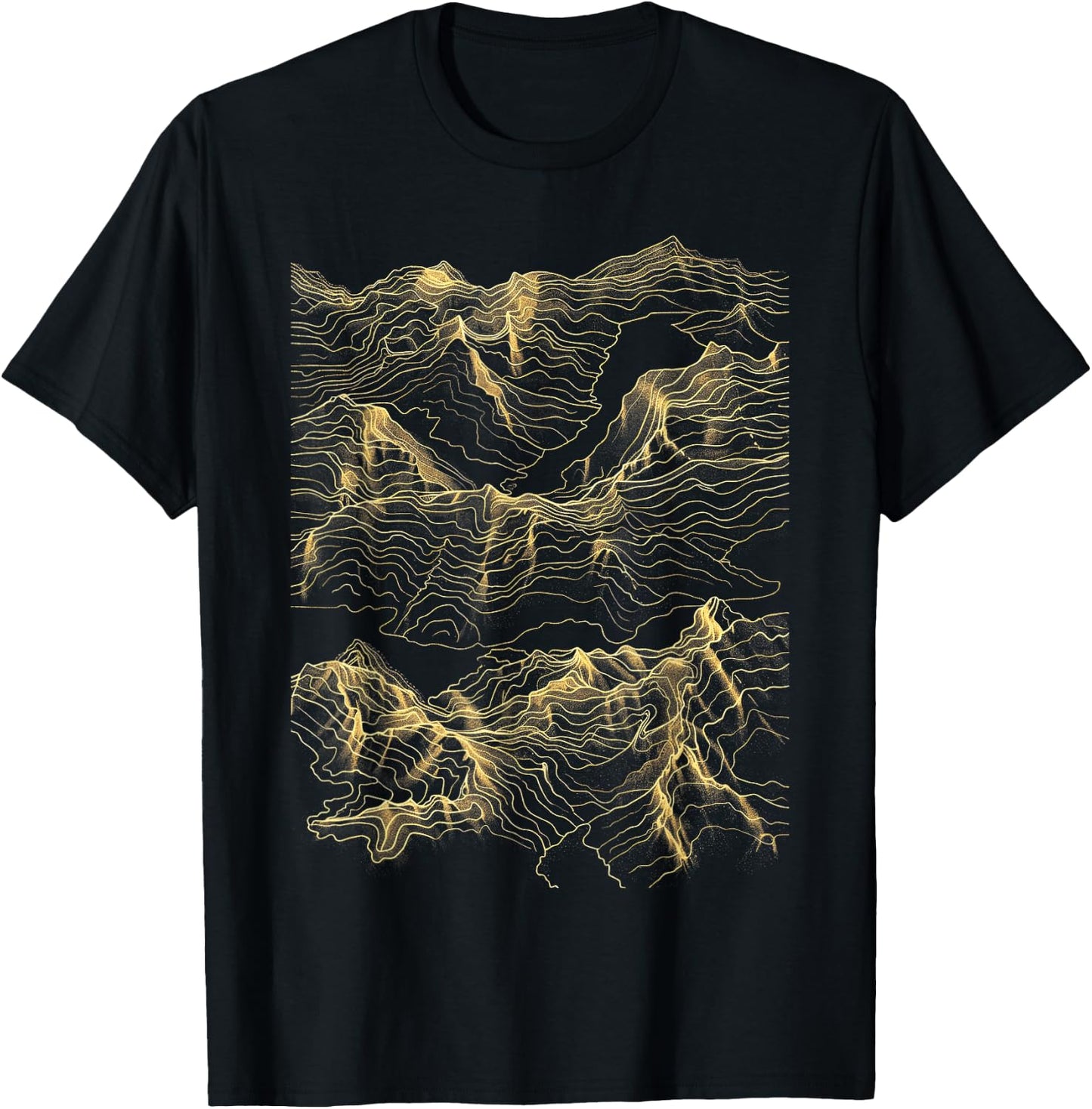 Mountain Range Abstract Art Minimalist Gold Lines - -Adults, Black, Small, Short Sleeve, Topographic Map T-Shirt - T-Shirt | Black