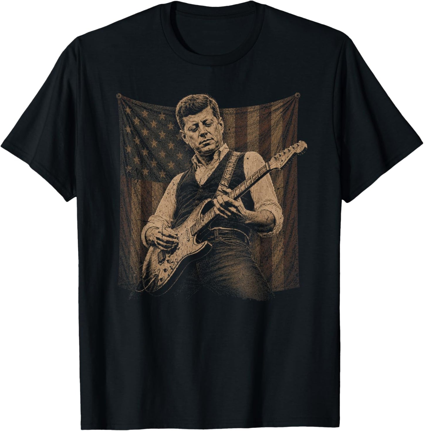JFK Playing Guitar Kennedy Patriotic American Flag Music T-Shirt - T-Shirt | Black
