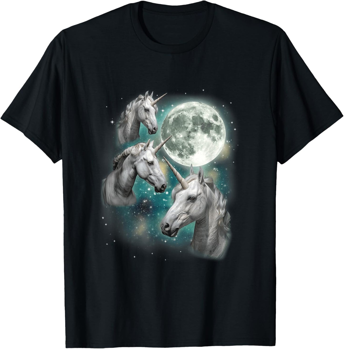 Three Unicorn Moon | 3 Magical Fantasy Mythic Horned Unicorn T-Shirt - T-Shirt | Black
