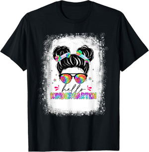 Hello Kindergarten shirt messy bun tie dye back to school T-Shirt - T-Shirt | Black
