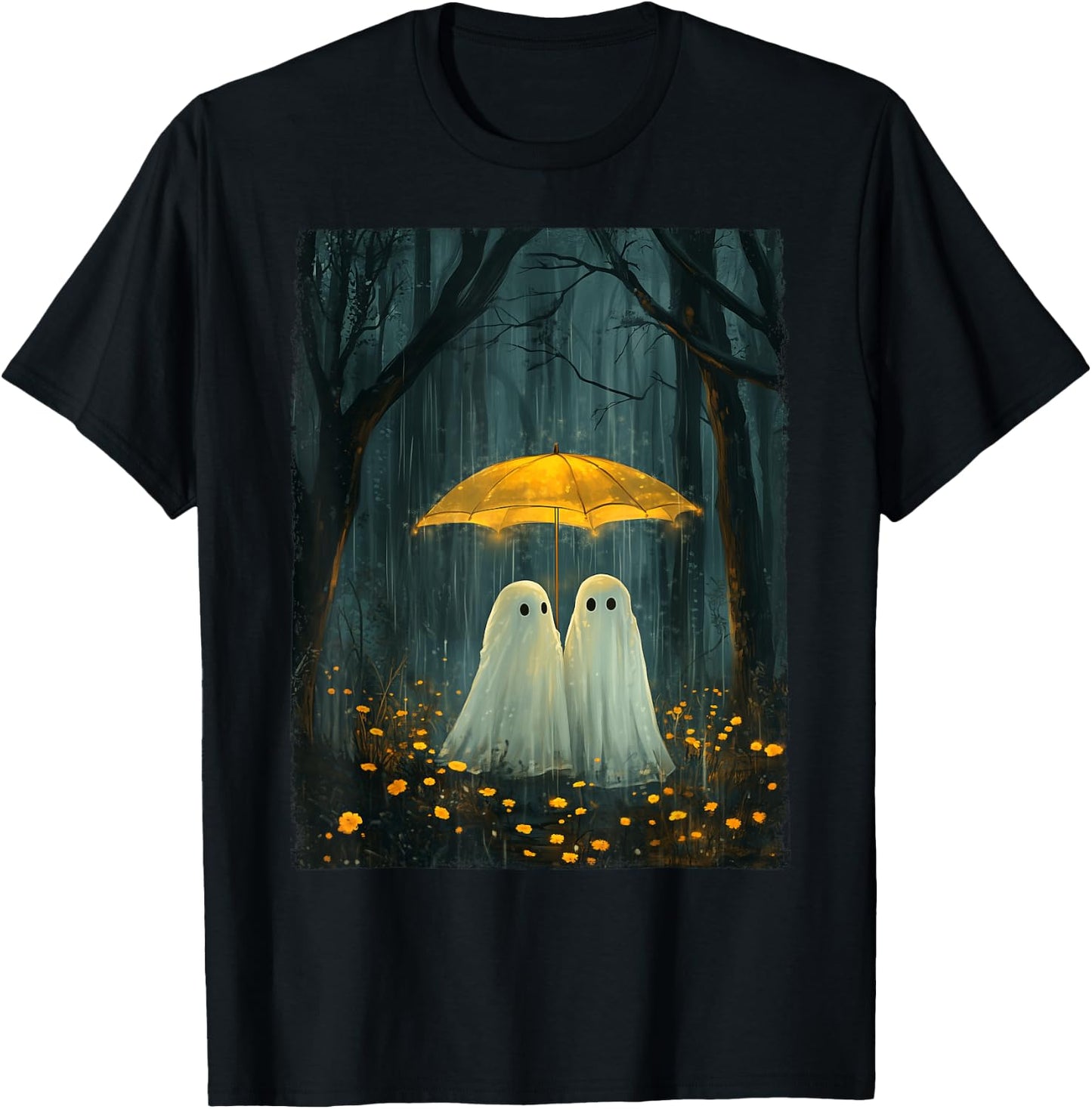 Floral Ghost Holds Umbrella Couple Spooky Season Women Men T-Shirt - T-Shirt | Black