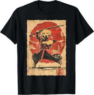 Vintage Japanese Art Golden Retriever Ninja Samurai Warrior T-Shirt - T-Shirt | Black