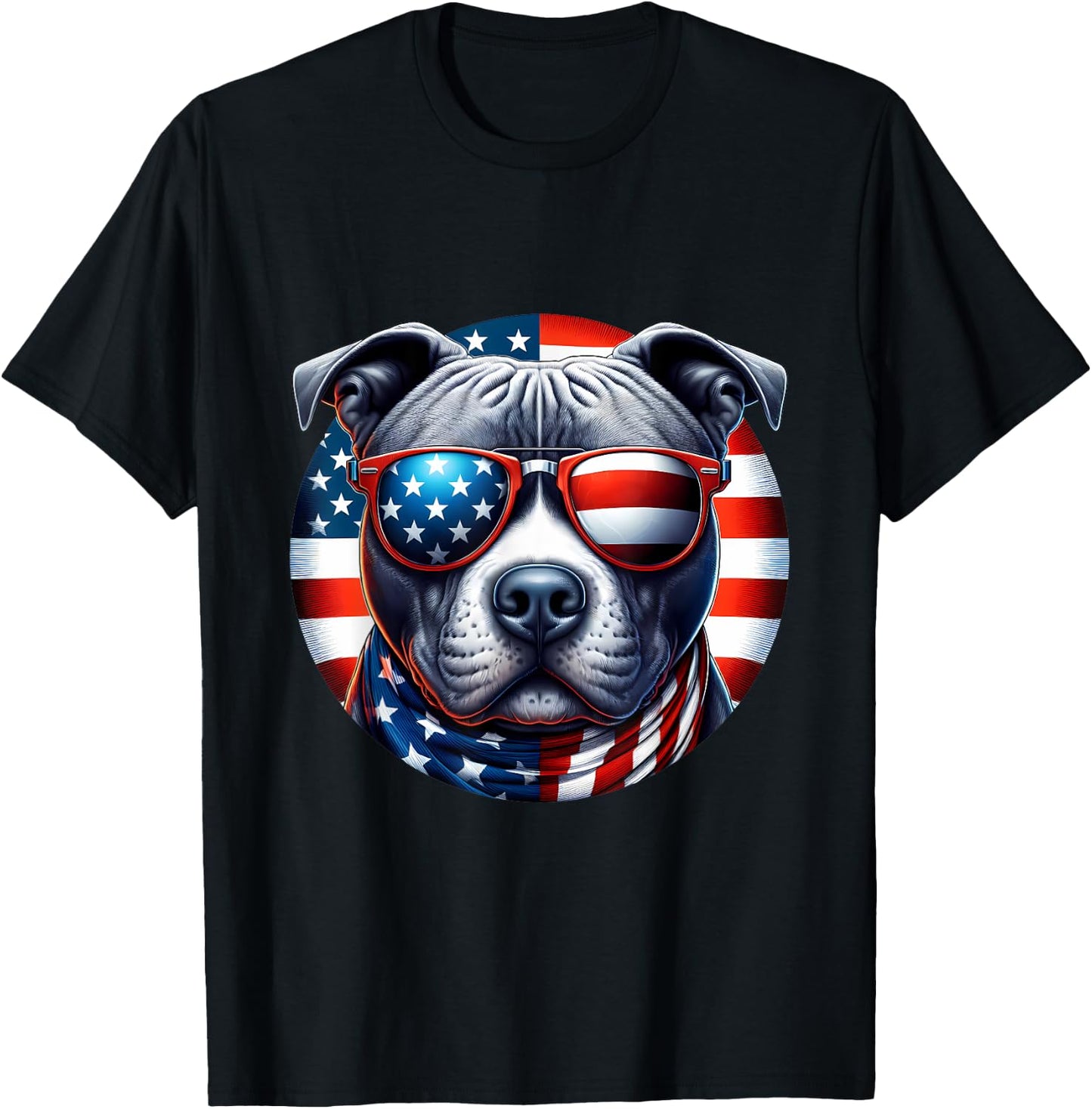 4th of July Pit Bull Wearing Sunglasses American Flag Bully T-Shirt - T-Shirt | Black
