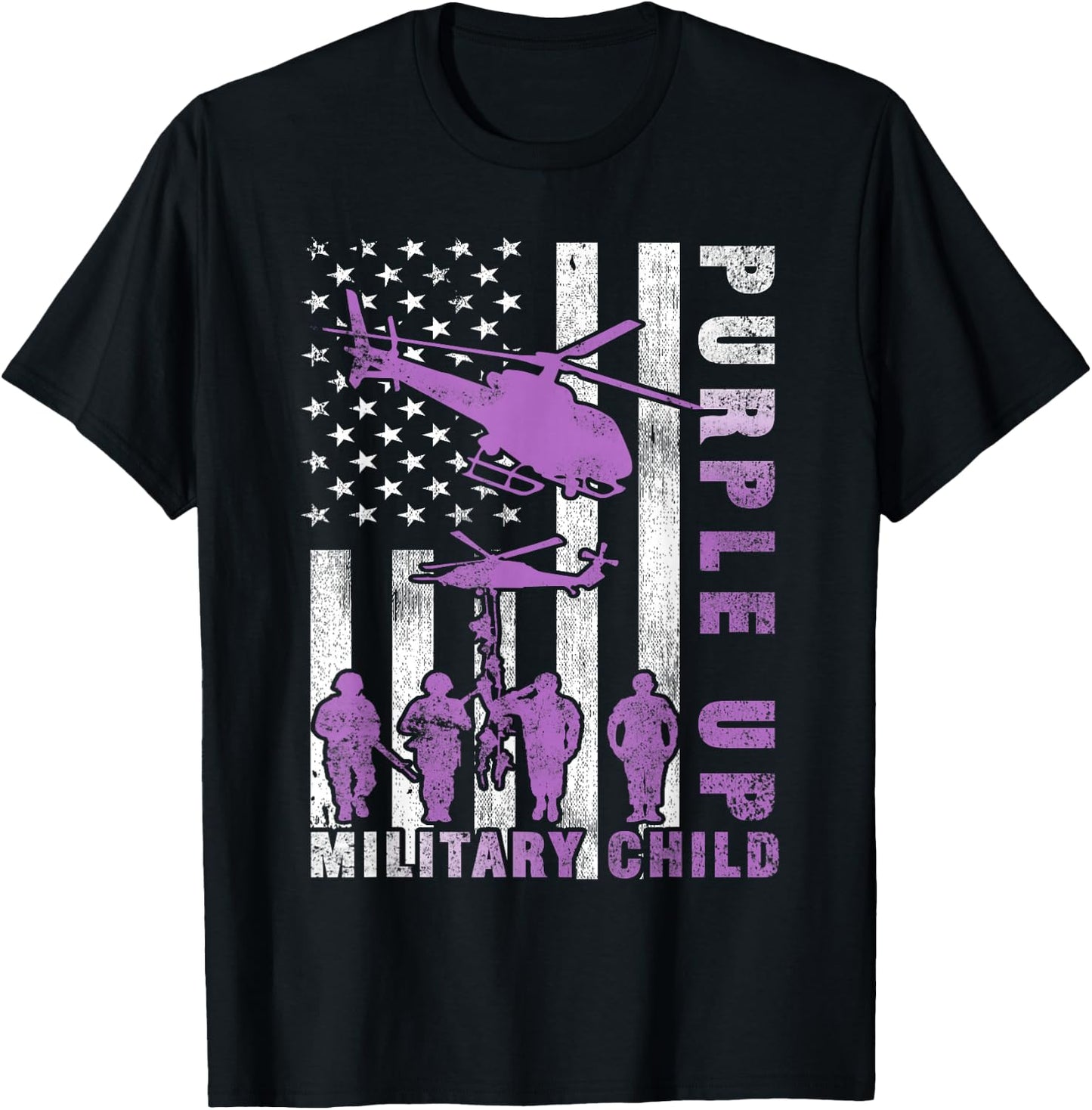 Military Child Purple Up American Flag Helicopter Shirt Kids T-Shirt - T-Shirt | Black