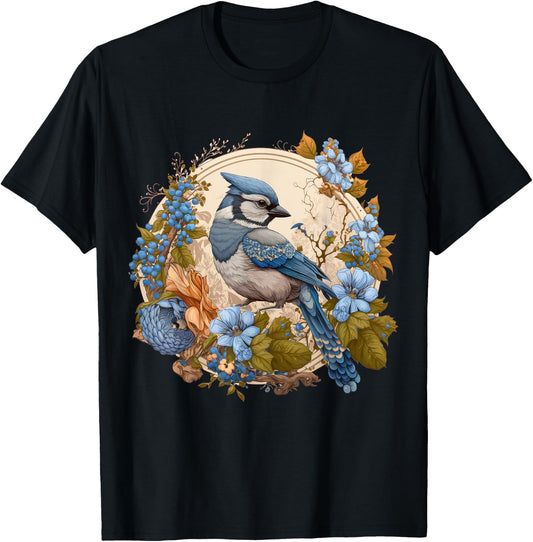 Cute Cottagecore Floral Blue jay Aesthetic Women Graphic T-Shirt - T-Shirt | Black