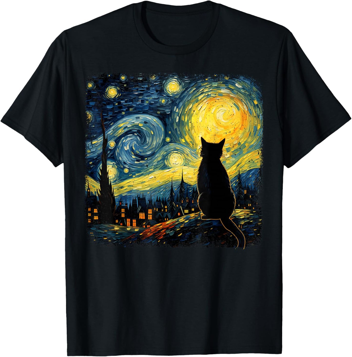 Cat Starry Night Van Gogh Cat For Cat Lover Cat Mom Cat Dad T-Shirt - T-Shirt | Black