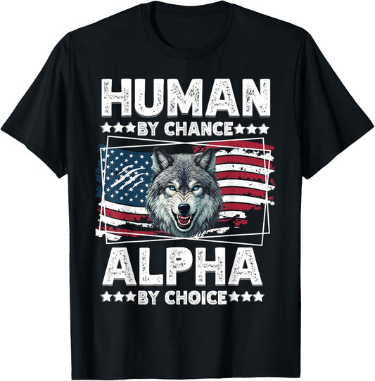 Funny Alpha Wolf Meme Human by Chance American Flag USA T-Shirt - T-Shirt | Black