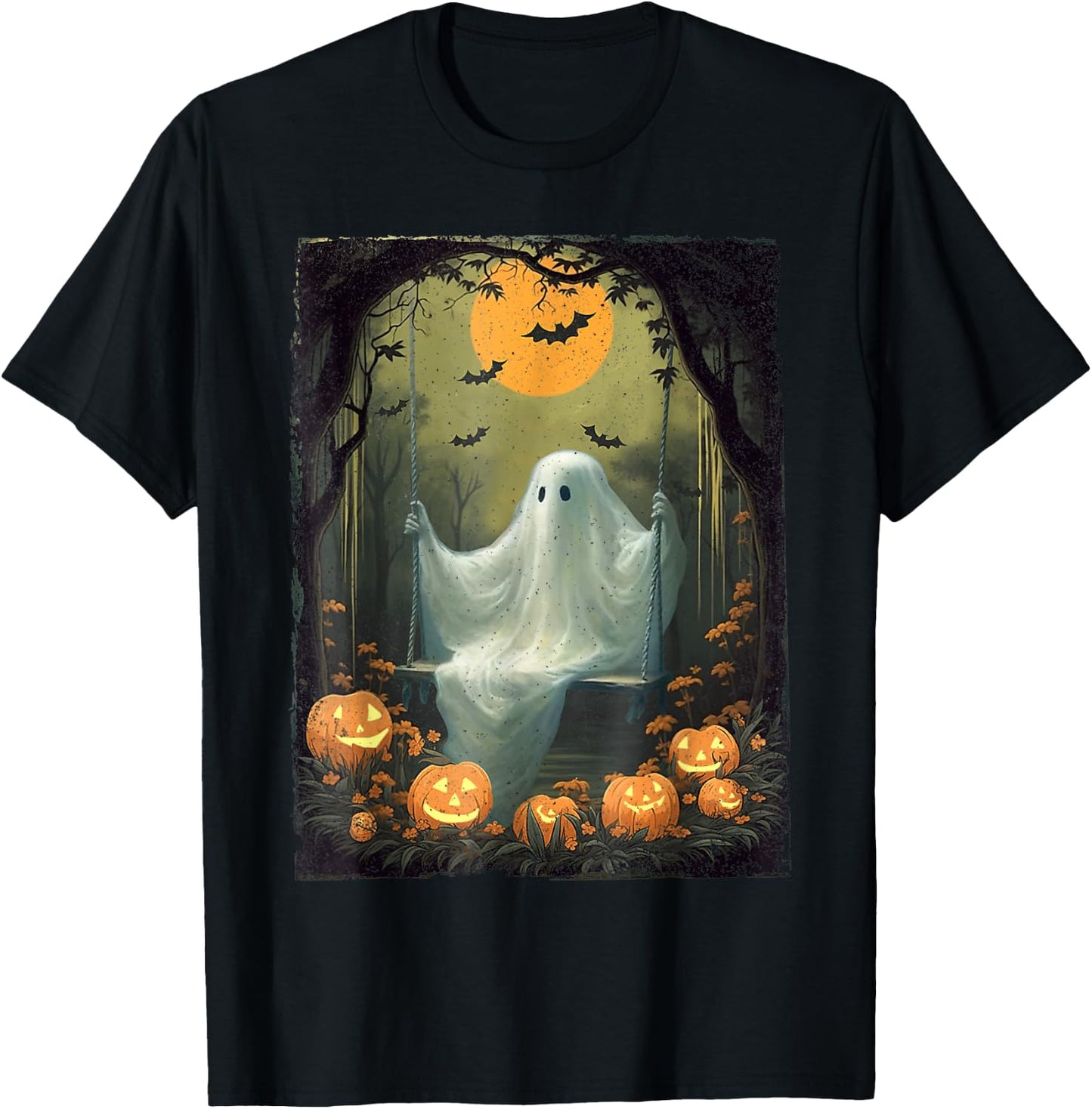Vintage Floral Ghost On Swing In Forest Halloween Pumpkin T-Shirt - T-Shirt | Black
