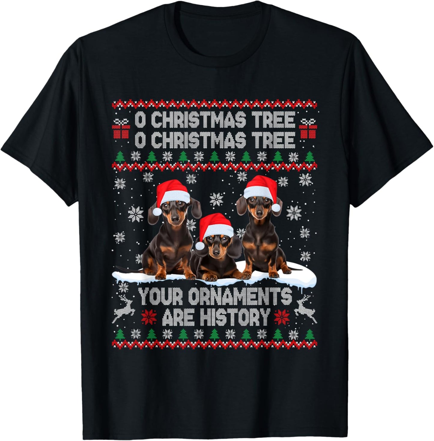 Dachshund Dog Ugly Sweater Christmas Light Xmas Pajama Men Women Kids T-Shirt - T-Shirt | Black
