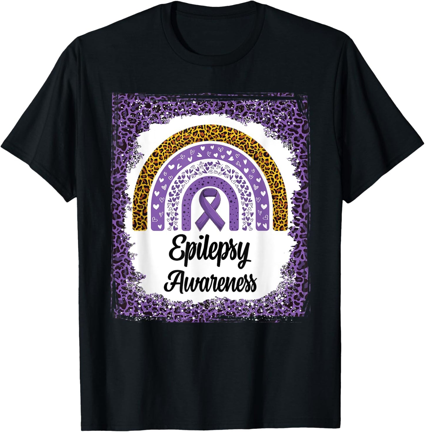 Epilepsy Awareness Bleached Rainbow leopard Purple Ribbon T-Shirt - T-Shirt | Black