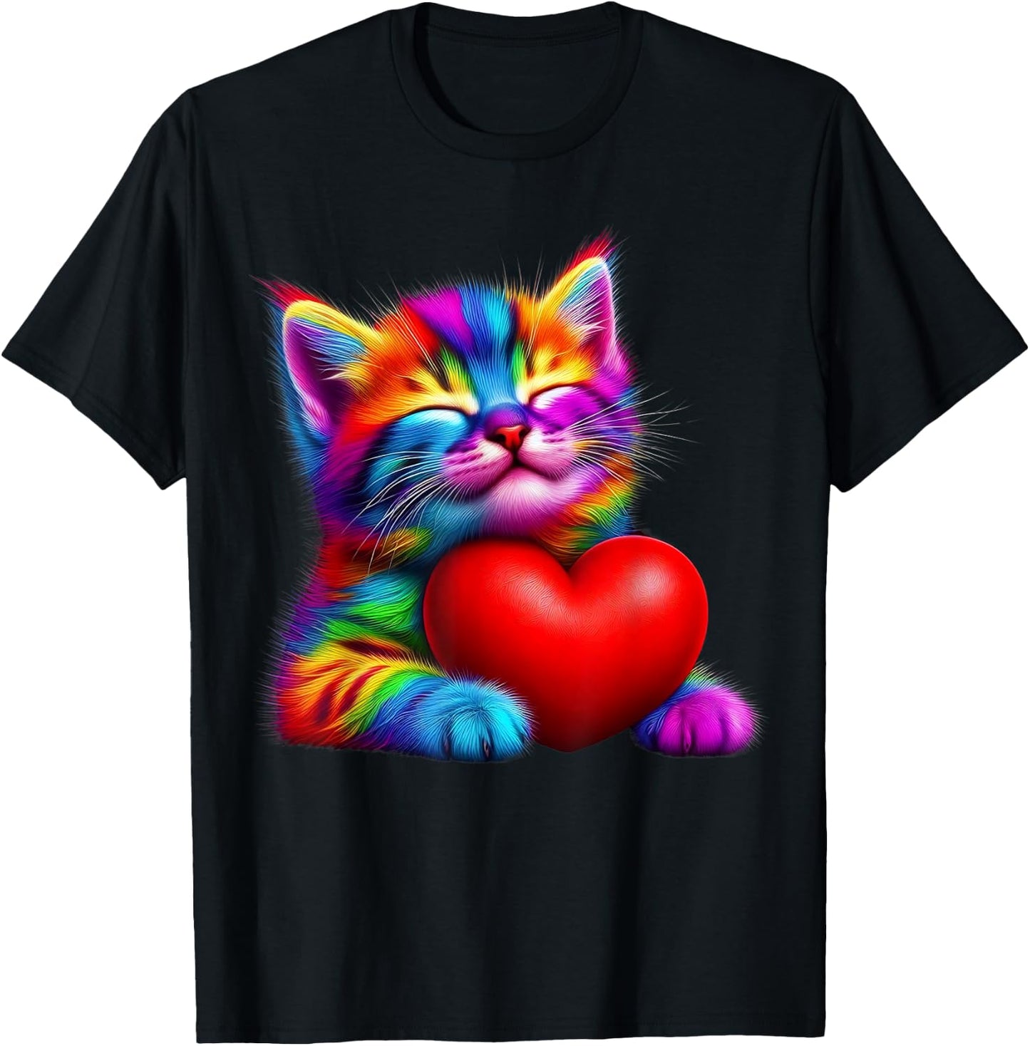 Rainbow Cute Cat Hugging Valentine Heart Kitty Love Cat T-Shirt - T-Shirt | Black